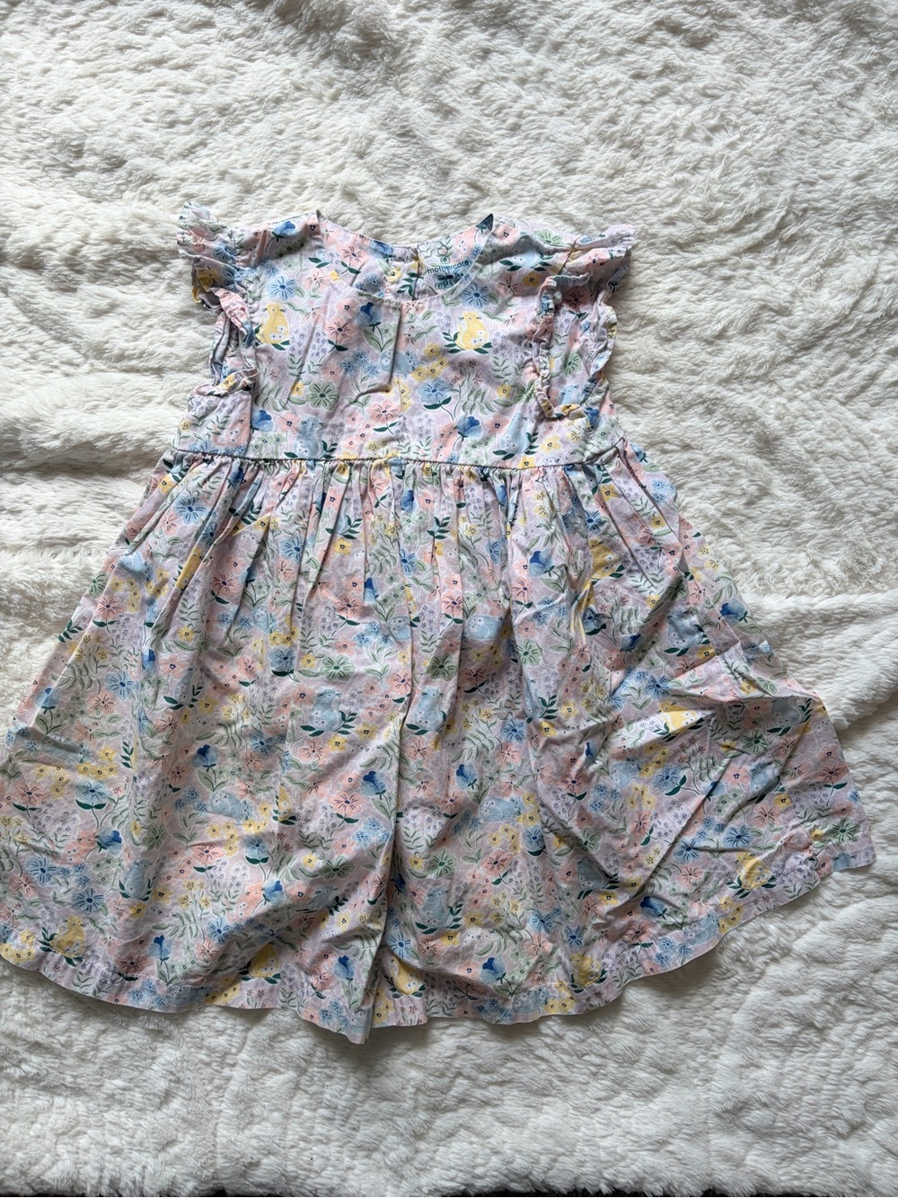 MOTHER Pink Floral Ruffle Sleeve Dress with Blue and Yellow Accents